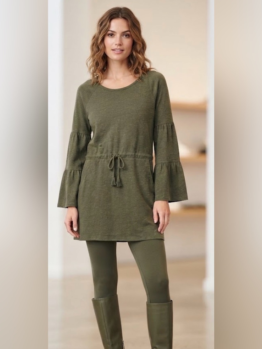 Chaser Olive Mini Dress/Tunic with Flared Sleeves